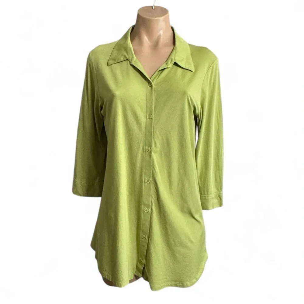 Eileen Fisher Green Organic Cotton Classic Collar Long Button Up Shirt SZ M - Picture 3 of 5